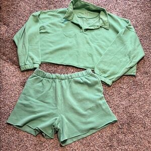 Aerie Green Cropped Sweatshirt and Shorts Set
